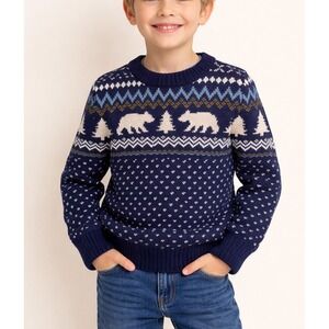 Crewcuts Boys Fair Isle Polar Bear Sweater Navy Blue 100% Cotton Size S 6-7